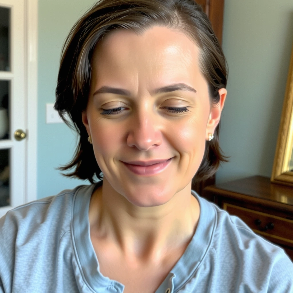 Portrait einer zufriedenen Frau, die über ihre bessere Schlafqualität spricht.