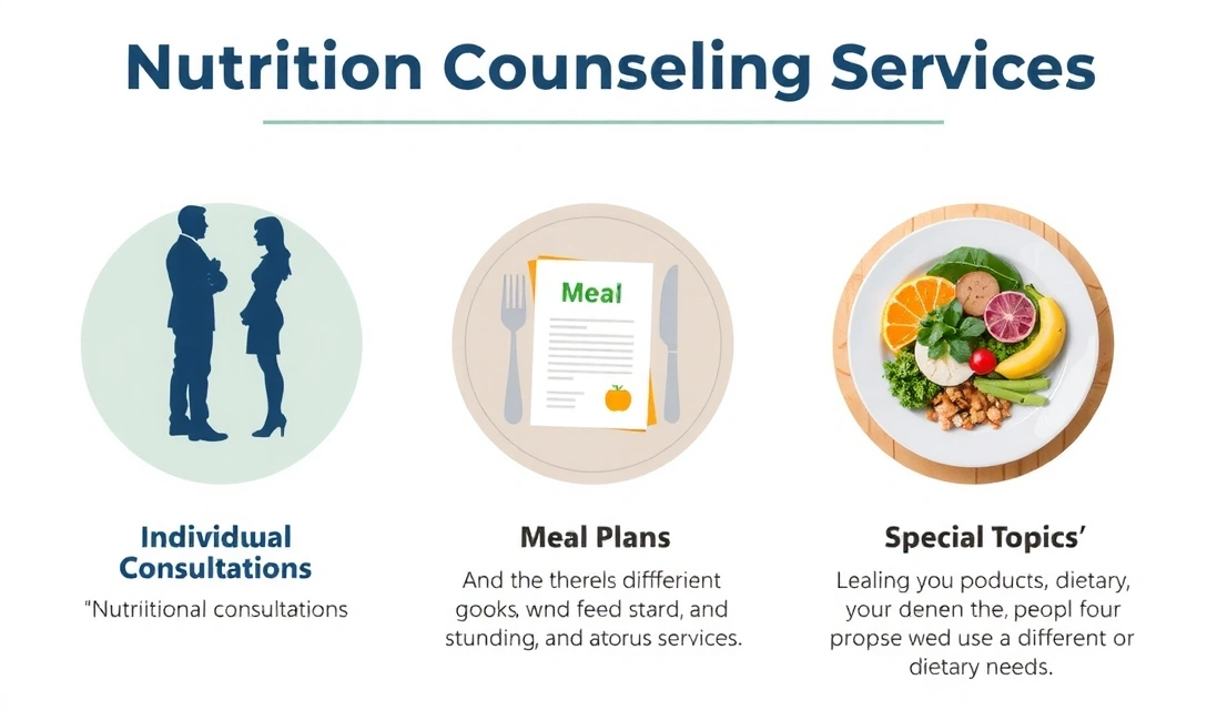Übersichtsgrafik der Leistungen: Einzelberatungen, Ernährungspläne, Spezialthemen, mit passenden Icons
